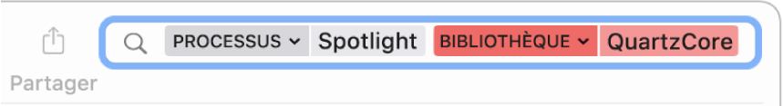 Champ de recherche dans la fenêtre de Console avec le critère de recherche configuré pour rechercher des messages issus du processus Spotlight, mais pas de la bibliothèque QuartzCore.