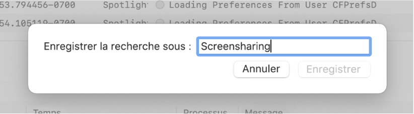 Affiche l’opération d’enregistrement d’une recherche dans Console après la saisie d’un critère de recherche.