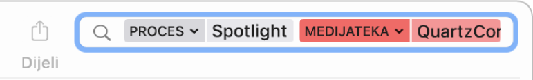 Polje za pretraživanje u prozoru Konzola s kriterijima pretraživanja podešenima za pronalaženje poruka iz postupka Spotlight, ali ne iz medijateke QuartzCore.