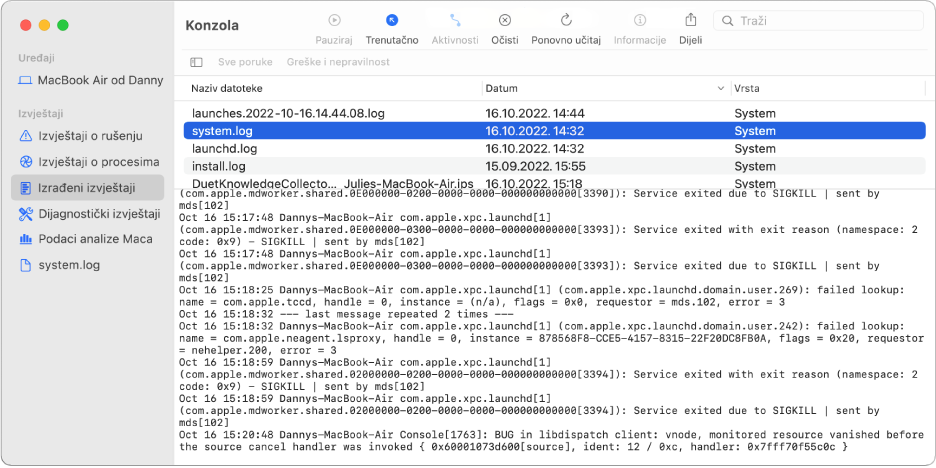 Prozor Konzole s odabranim izvješćem wifi.log i pojedinostima ispod.