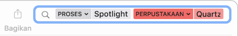 Bidang pencarian di jendela Konsol dengan kriteria pencarian diatur untuk menemukan pesan dari proses Spotlight, tetapi tidak dari perpustakaan Quartzcore.