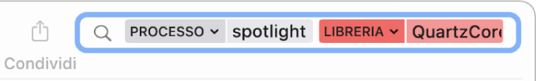 Campo di ricerca nella finestra Console con i criteri di ricerca impostati per trovare messaggi mediante il processo Spotlight, ma non dalla libreria QuartzCore.