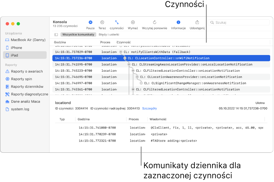 Okno Konsoli, wyświetlające na górze czynności, a na dole komunikaty dziennika dotyczące zaznaczonej czynności.