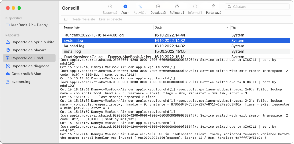 Fereastra Consolă cu raportul wifi.log selectat și detalii mai jos.
