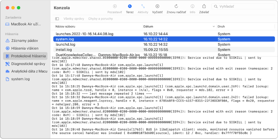 Okno Konzoly s vybraným hlásením wifi.log a podrobnosťami uvedenými nižšie.