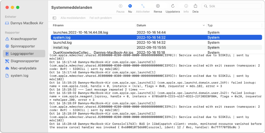 Systemmeddelanden-fönstret med en markerad wifi.log-rapport och detaljer nedanför.