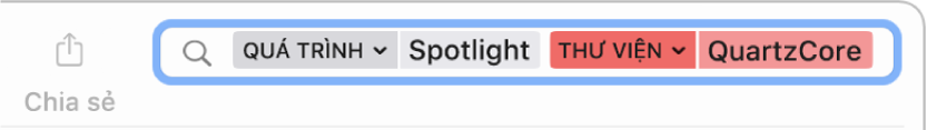 Trường tìm kiếm trong cửa sổ Bảng điều khiển với tiêu chí tìm kiếm được đặt để tìm thông báo từ quá trình Spotlight, chứ không phải từ thư viện QuartzCore.