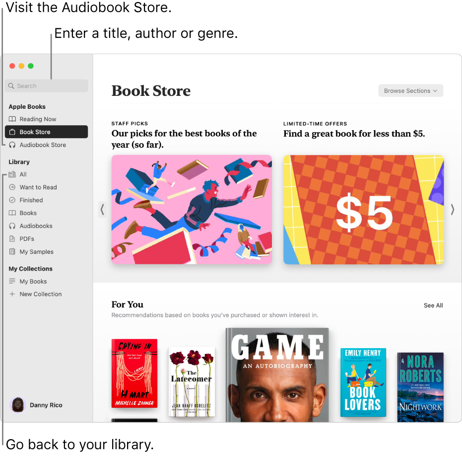 The main window of the Book Store. On the left is the sidebar. The search field, which you can use to search for books and audiobooks, is at the top of the sidebar.