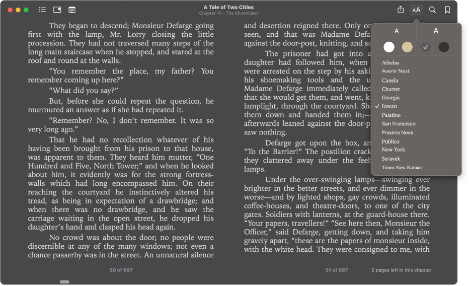A book with a customised appearance and the Appearance menu showing the selected text size, background colour and font.