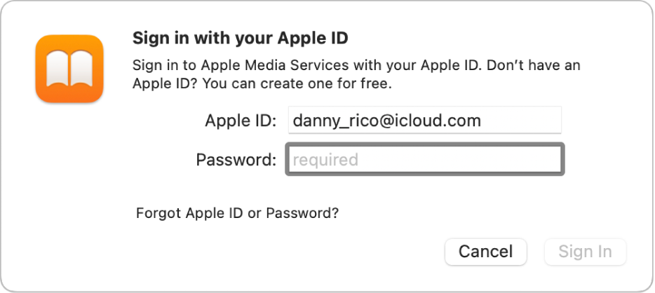 The dialog to sign in to Apple Books using an Apple ID and password.