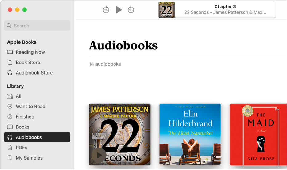 The audiobook player. Along the top are the player’s controls, a thumbnail of the audiobook’s cover, and the audiobook’s title and author. Below is the Audiobooks collection in the library.