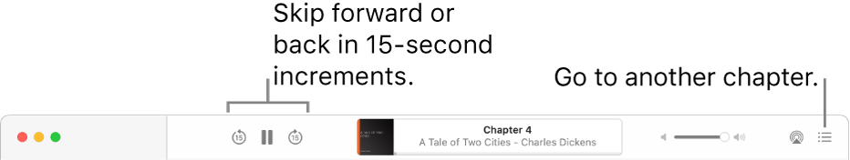 The audiobook player in Apple Books showing, from left to right, the Playback Speed button, the Skip Forward and Skip Back buttons, the title and author of the currently playing audiobook, the Volume slider, and the Table of Contents button.