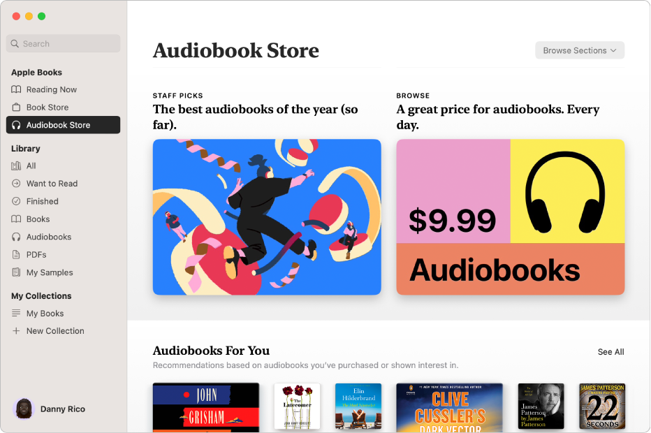 Jendela utama Toko Buku Audio, menampilkan pilihan staf dan buku audio dengan harga khusus.