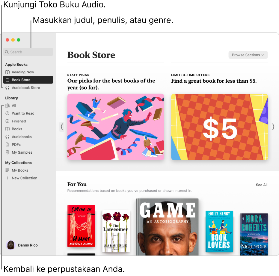 Jendela utama Toko Buku. Di sebelah kiri terdapat bar samping. Bidang pencarian, yang dapat Anda gunakan untuk mencari buku dan buku audio, berada di bagian atas bar samping.