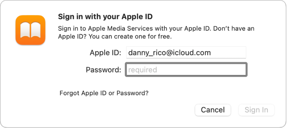 Apple ID와 암호를 사용하여 Apple Books에 로그인할 수 있는 대화상자.