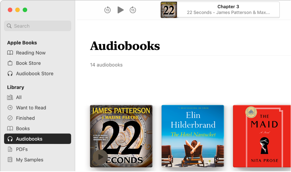 Odtwarzacz książek audio. Na górze znajdują się narzędzia odtwarzania, miniaturka okładki książki audio oraz jej tytuł i nazwisko autora. Poniżej widoczny jest zbiór Książki audio w bibliotece.