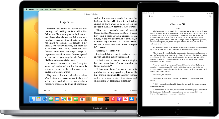 Книга, открытая в приложении «Книги» на одной и той же странице на iPad и компьютере Mac.