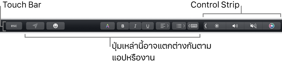 Touch Bar ที่อยู่ตามด้านบนสุดของแป้นพิมพ์ โดยแสดง Control Strip ที่ยุบอยู่ทางด้านขวา และปุ่มที่แตกต่างกันไปตามแอปหรืองาน