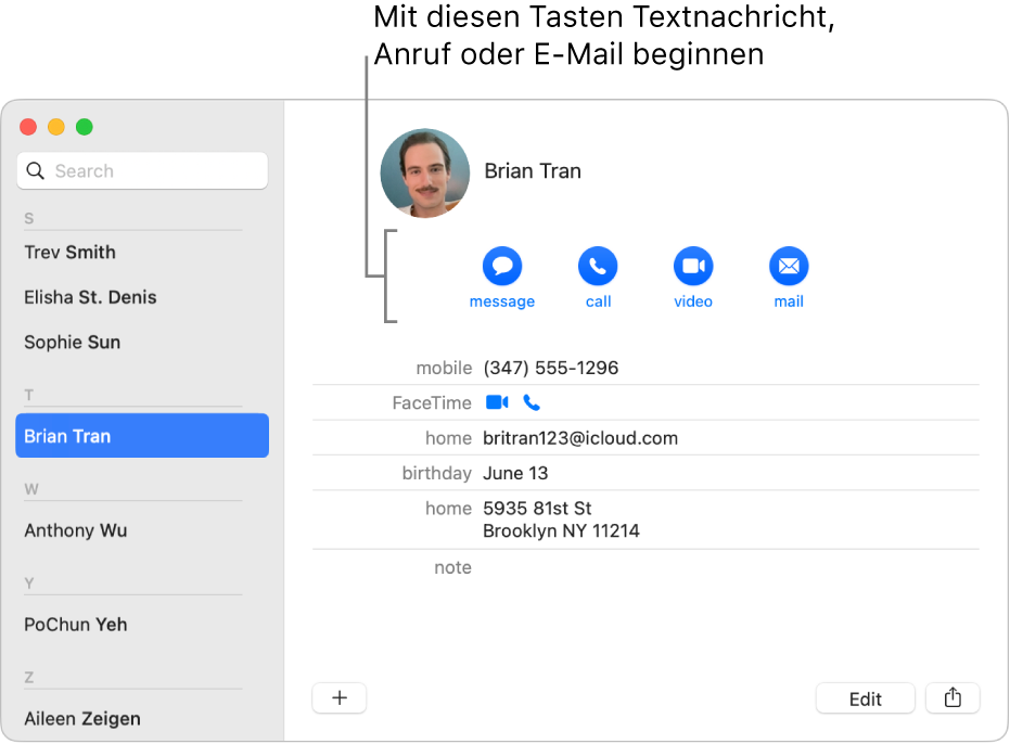 Eine Kontaktkarte mit den Tasten unter dem Namen des Kontakts Du kannst diese Tasten verwenden, um eine Textnachricht zu schreiben, einen Telefon-, Audio- oder Videoanruf zu tätigen oder eine E-Mail zu schreiben.