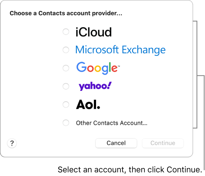 The list of internet account types you can add to the Contacts app: iCloud, Exchange, Google, Yahoo, AOL and Other Contacts Account.