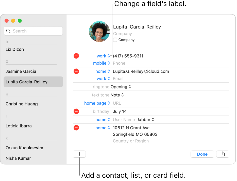 A contact card showing a field label that can be changed and the button at the bottom of the card for adding a contact, list, or card field.