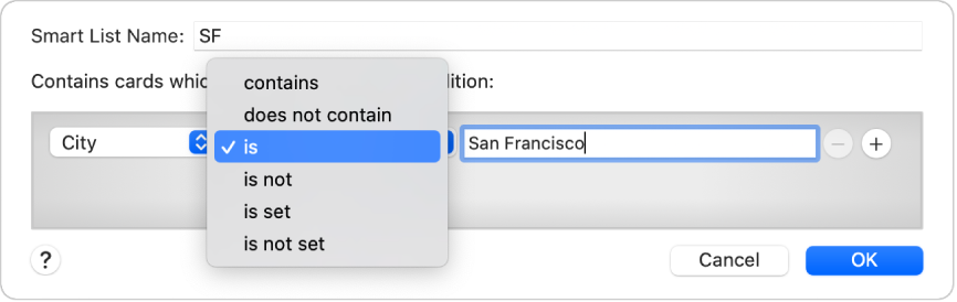 The Smart List dialog showing a list named SF and a condition with three criteria.