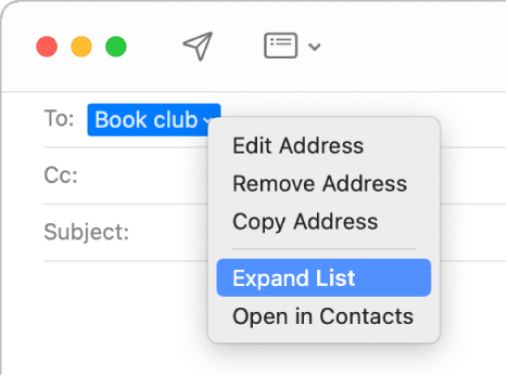 An email in Mail, showing a list in the To field and the pop-up menu showing the Expand List command selected.