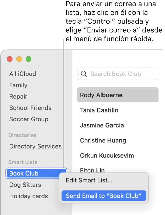 La barra lateral de Contactos mostrando el menú desplegable con el comando para enviar un correo a la lista seleccionada.