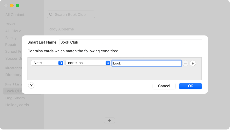 La ventana para agregar una lista inteligente con una lista llamada “Club de lectura” que incluye contactos que tienen “lectura” en el campo Nota.