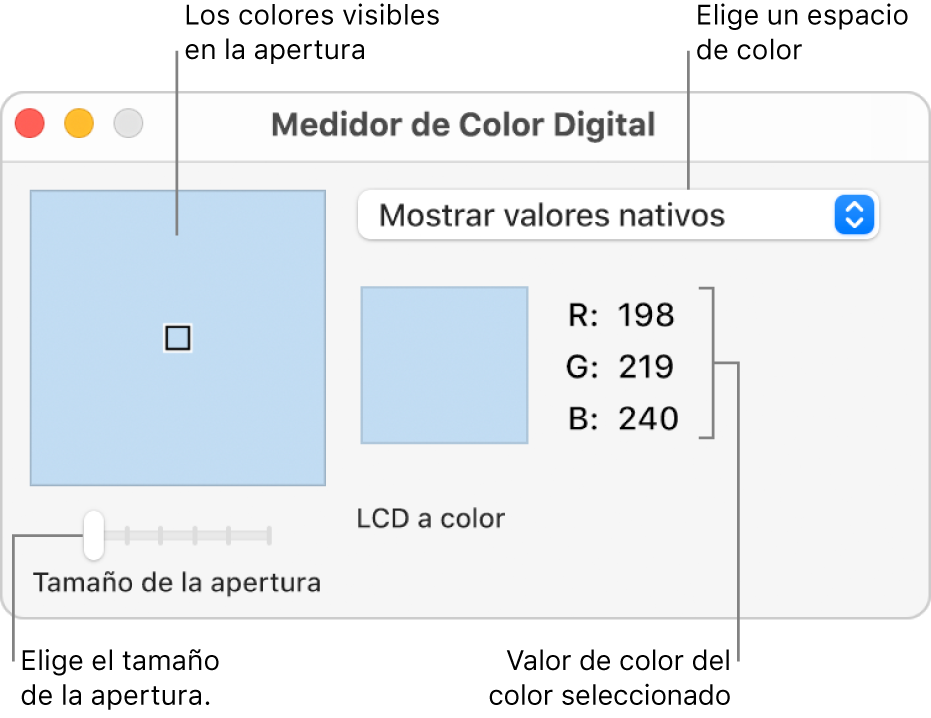 Ventana de Medidor de Color Digital con el color seleccionado en la apertura a la izquierda, el menú desplegable de espacio de color, los valores de color y el regulador “Tamaño de apertura”.