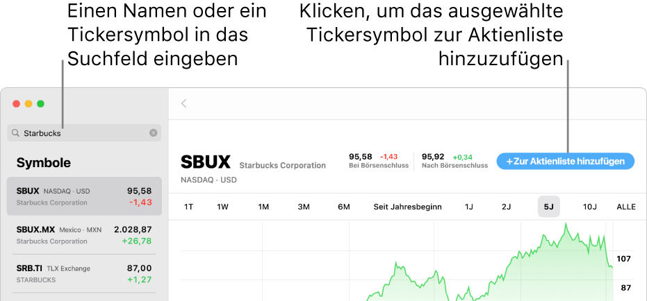 Ein Fenster „Aktien“ mit dem Suchfeld, einer Liste mit Suchergebnissen und der Taste „Zur Aktienliste hinzufügen“.