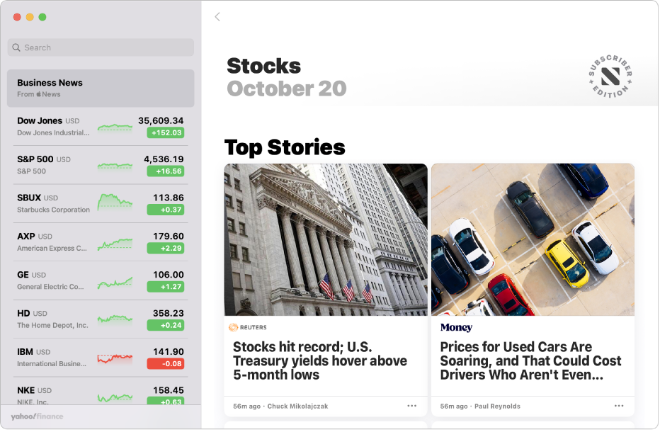 A Stocks window showing a news article.