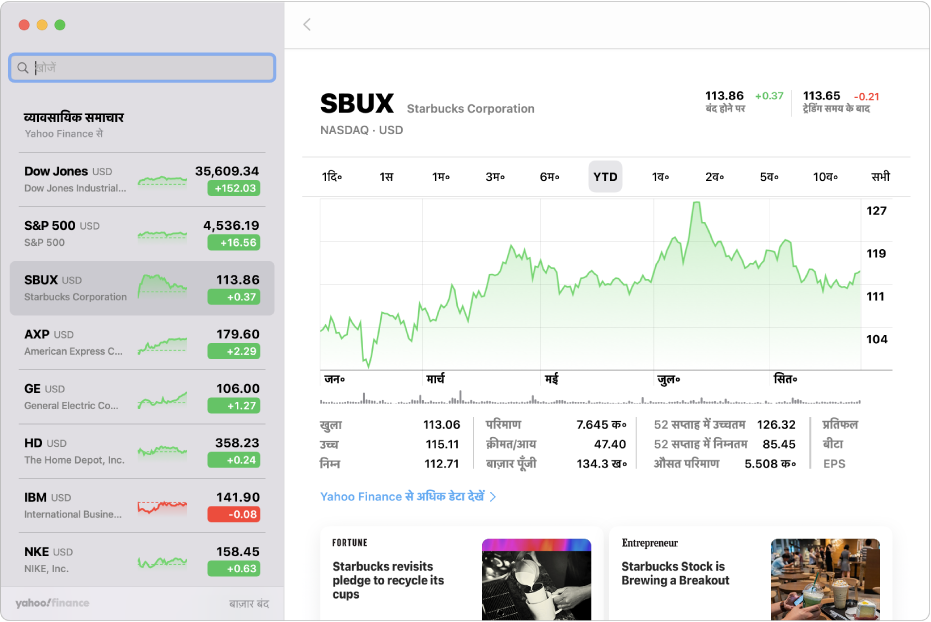 एक स्टॉक्स विंडो जिसमें बाईं ओर वॉचलिस्ट, ऊपर दाईं ओर एक चार्ट और नीचे दाईं ओर न्यूज़ हेडलाइन प्रदर्शित है।