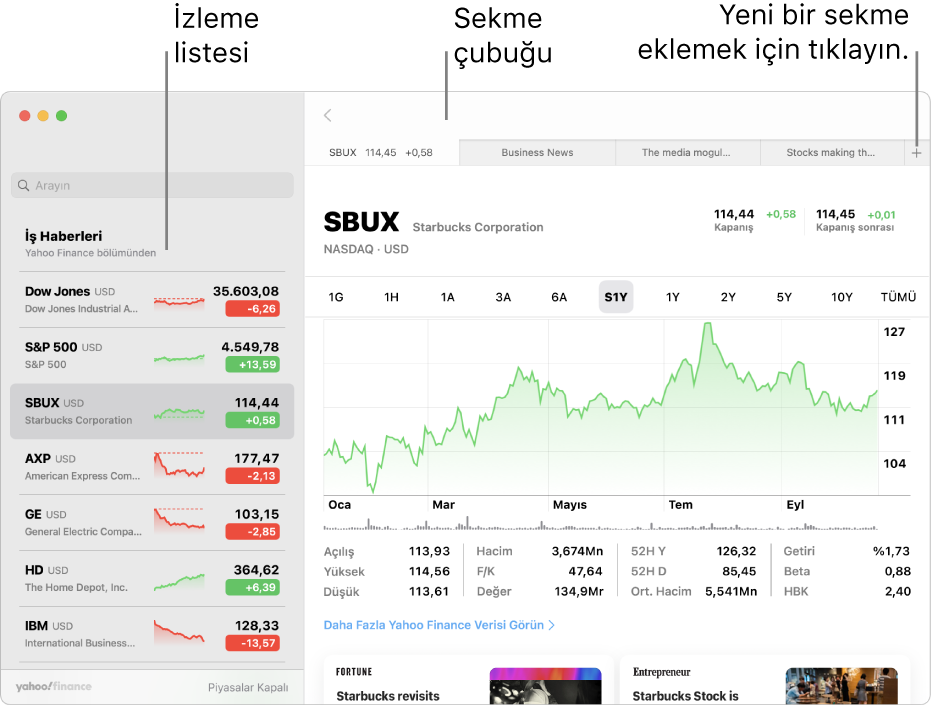 Solda bir hisse senedi sembolünün seçili olduğu takip listesinin ve sağda onunla ilgili grafiğin ve haber kaynaklarının gösterildiği bir Borsa penceresi.