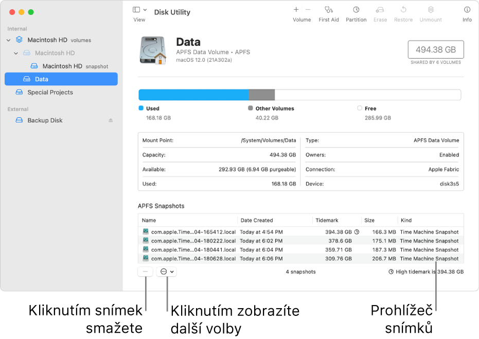 Okno Diskové utility se zobrazeným prohlížečem snímků