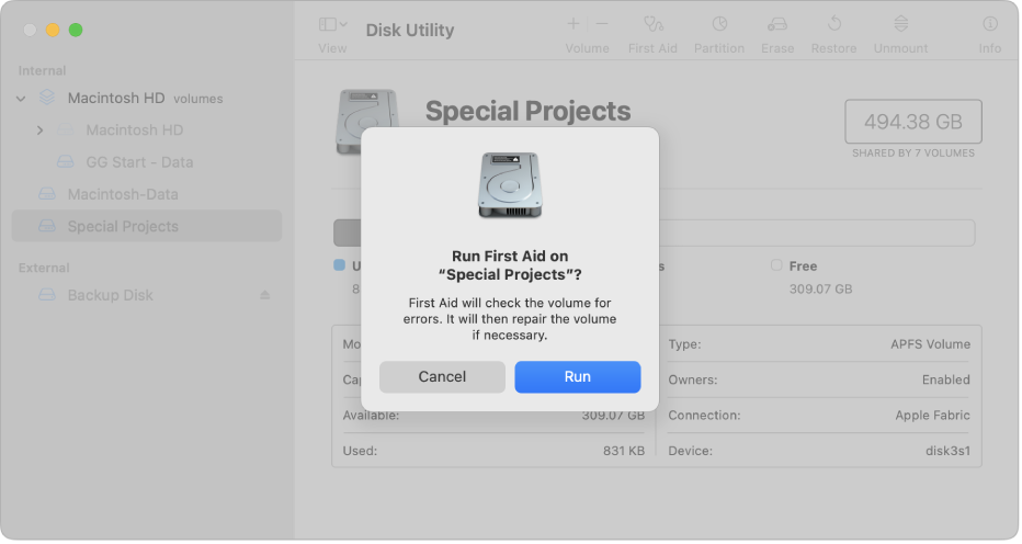 A Disk Utility window showing the First Aid confirmation dialogue.