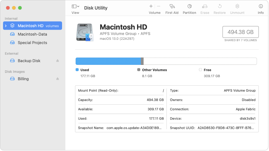 A Disk Utility window with Show Only Volumes view selected. The sidebar on the left displays two internal volumes, one external volume, and one disk image volume. The right side of the window shows details about the selected volume.