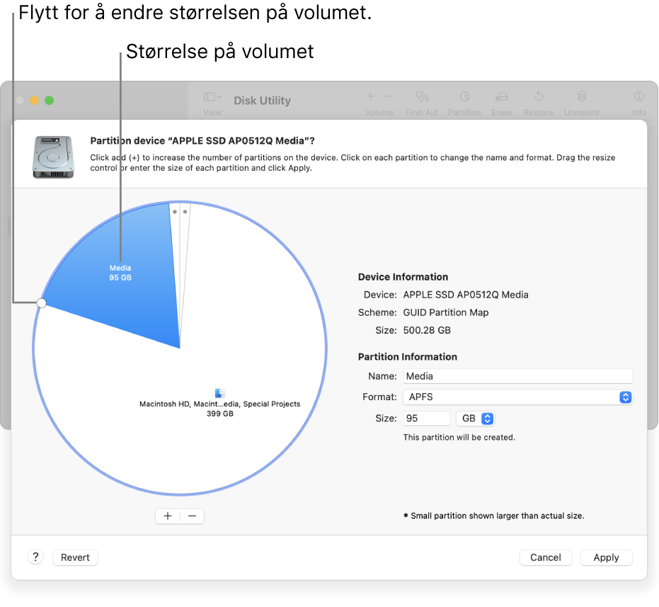 Partisjoner-vinduet som viser en fysisk disk med flere partisjoner.