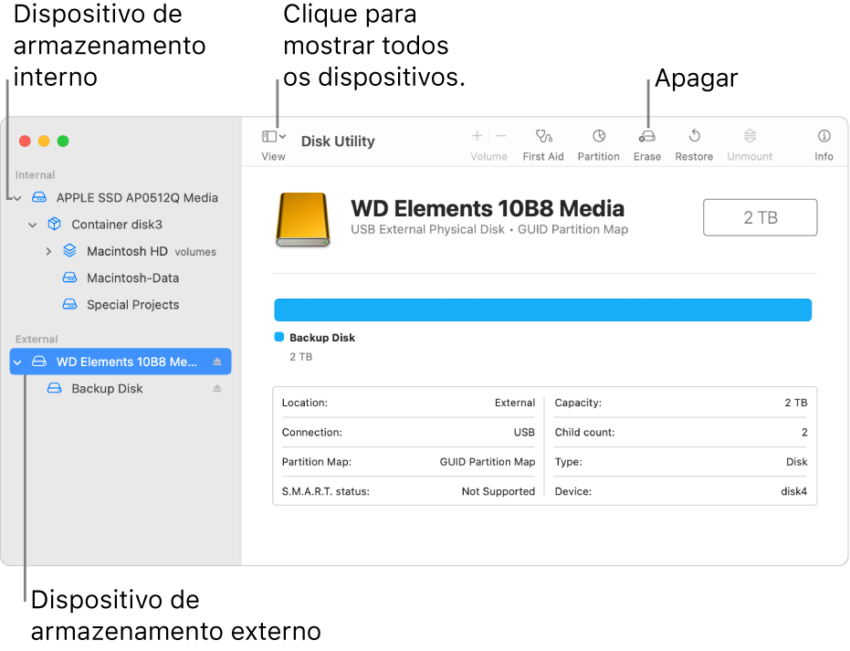 Uma janela do Utilitário de Discos a mostrar dois dispositivos de armazenamento na vista “Mostrar todos os dispositivos”.