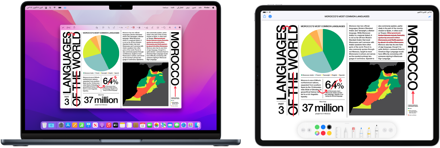 جهاز MacBook Air و iPad جنبًا إلى جنب. تعرض كلتا الشاشتين مقالة مغطاة بتعديلات حمراء مخربشة، مثل جمل متداخلة وأسهم وكلمات مضافة. يحتوي الـ iPad أيضًا على عناصر تحكم في التوصيف في أسفل الشاشة.