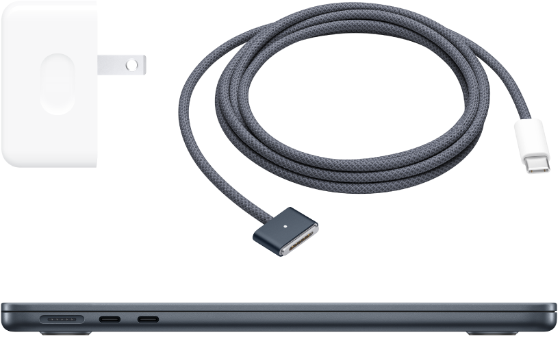 منظر جانبي للـ MacBook Air مع الملحقات المرفقة.
