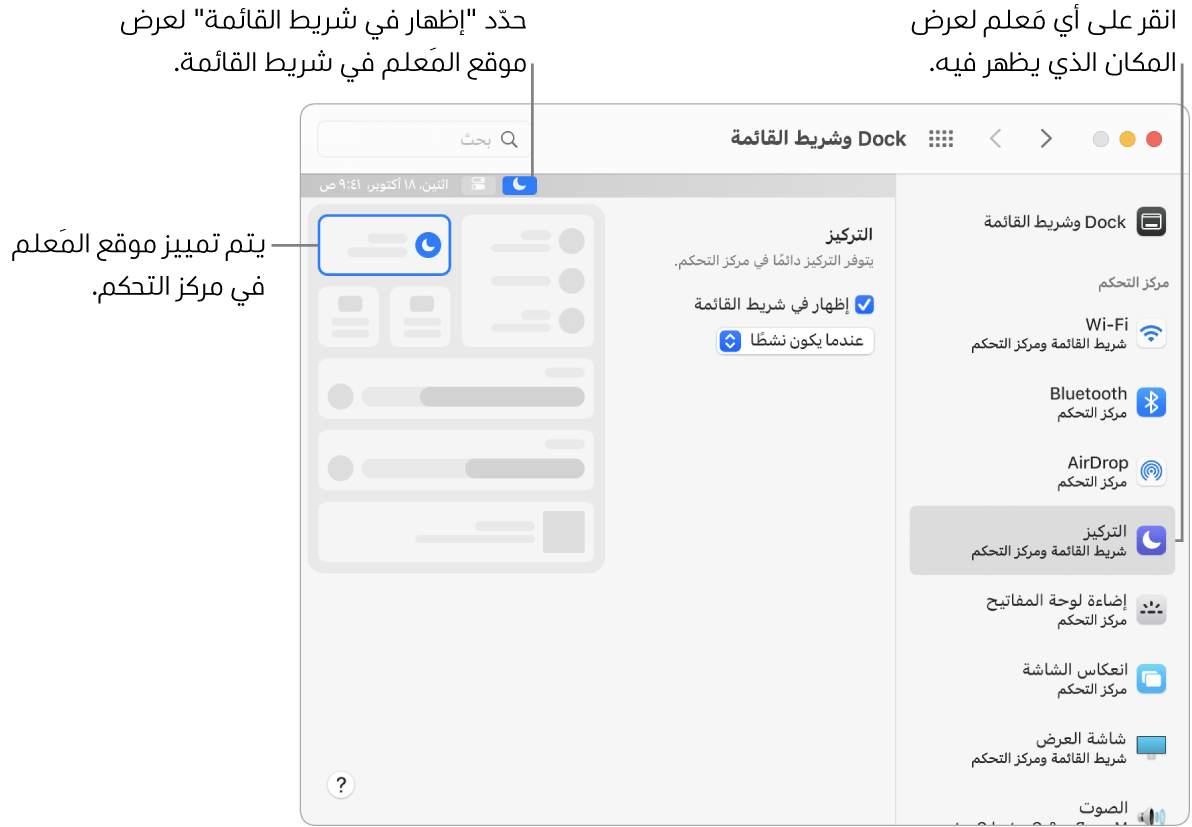 نافذة تفضيلات Dock وشريط القائمة، مع وسائل شرح للتركيز والإعدادات الاختيارية ونتائج الميزة.