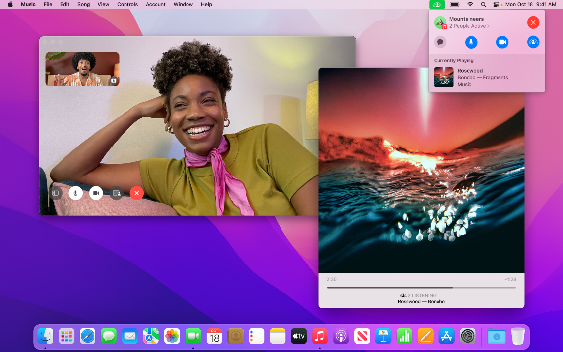 Споделено слушане в прозореца на FaceTime с един прозорец на приложението Music (Музика), в който се възпроизвежда песен.