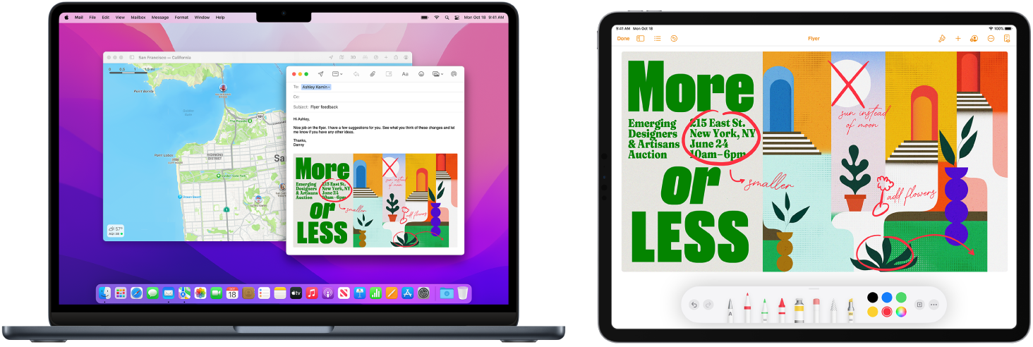 Един до друг са показани един MacBook Air и един iPad. Екранът на iPad показва брошура с анотации. Екранът на MacBook Air има отворено съобщение от Mail (Поща) с прикачен файл брошурата с анотациите от iPad.