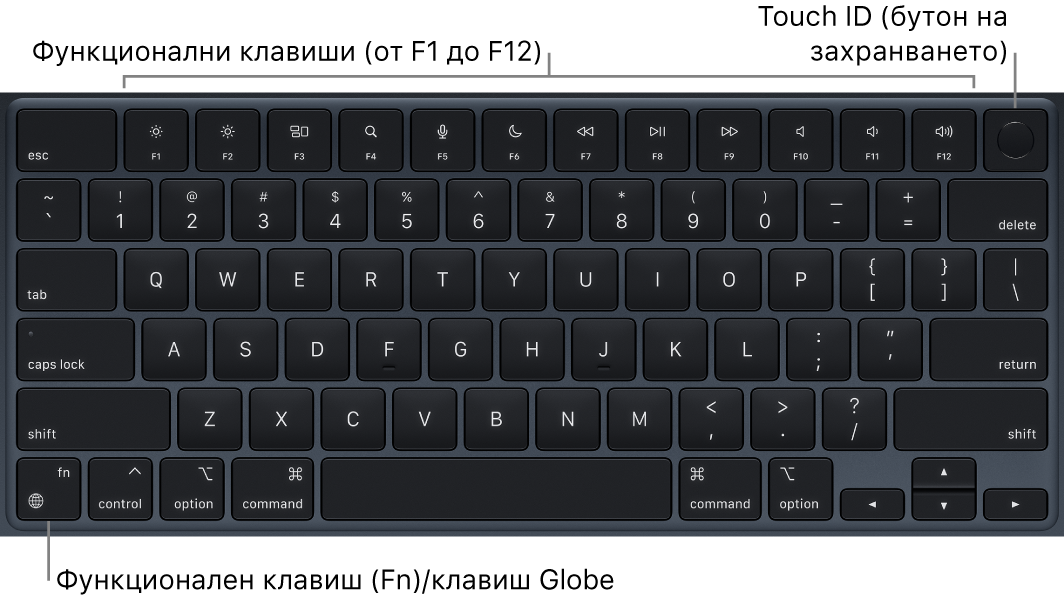 Клавиатурата на MacBook Air, която показва редицата с функционални клавиши и бутона за захранване Touch ID в горния край, и клавиша Function (Fn)/Глобус в долния ляв ъгъл.
