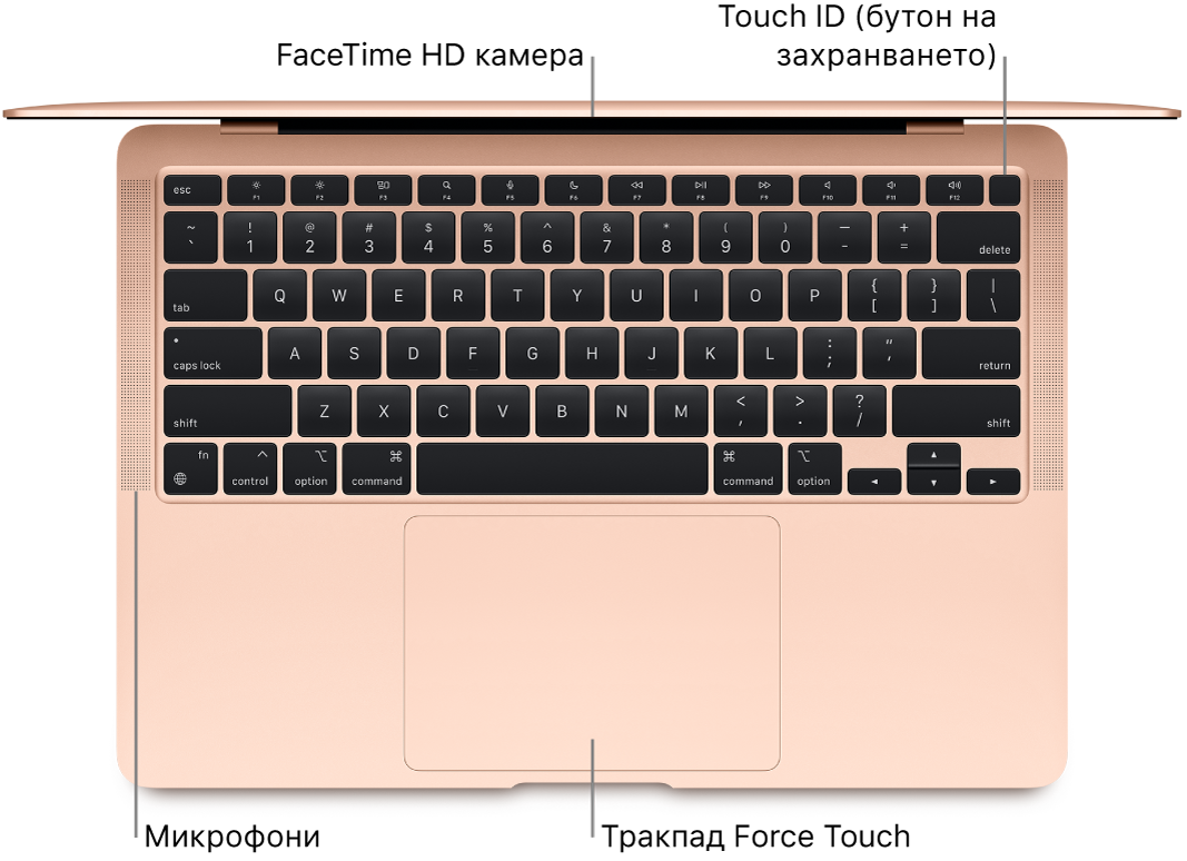 Изглед отгоре на отворен MacBook Air с надписи за камерата FaceTime HD, Touch ID (бутон за включване), микрофони и тракпада Force Touch.