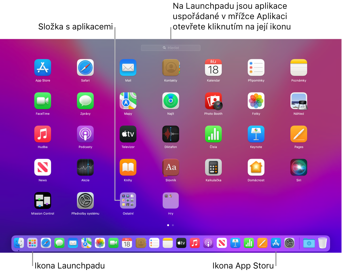 Obrazovka Macu s otevřeným Launchpadem, na níž je vidět složka aplikací v Launchpadu a také ikony Launchpadu a App Storu v Docku