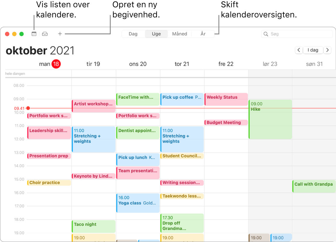 Et kalendervindue, der viser kalenderlisten, hvordan du opretter en begivenhed, og hvordan du vælger oversigten Dag, Uge, Måned eller År.