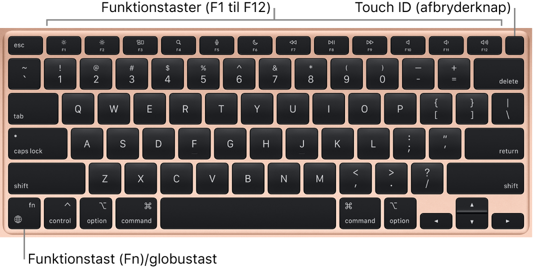 MacBook Air-tastatur, som viser rækken med funktionstaster og Touch ID-afbryderknappen øverst samt Funktionstasten (Fn) i nederste venstre hjørne.