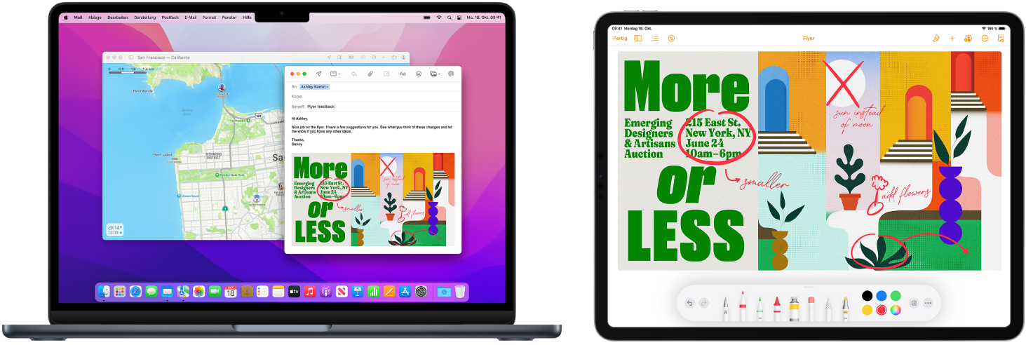 Ein MacBook Air und ein iPad werden nebeneinander angezeigt. Auf dem iPad-Bildschirm ist ein Flyer mit Markierungen zu sehen. Auf dem MacBook Air-Bildschirm ist eine Mail-Nachricht mit dem markierten Flyer auf dem iPad als Anhang zu sehen.